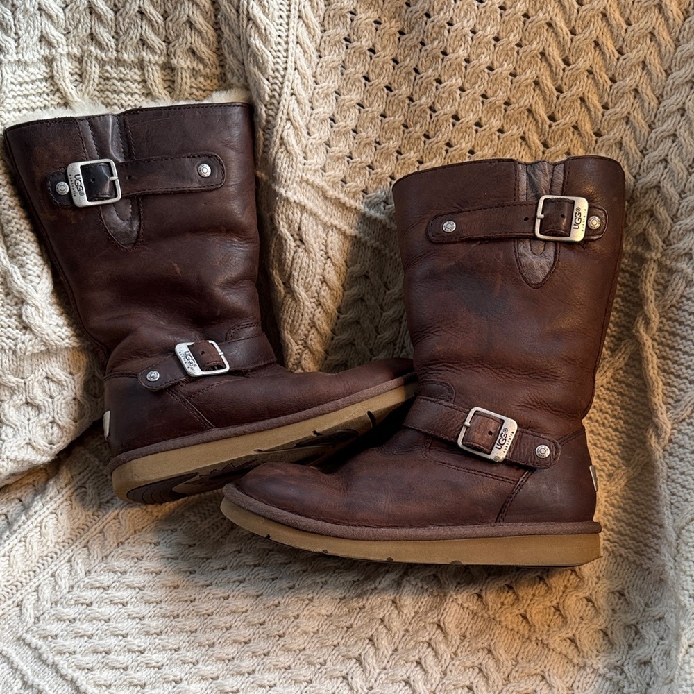 UGG Dark Brown Leather Boots with Buckle